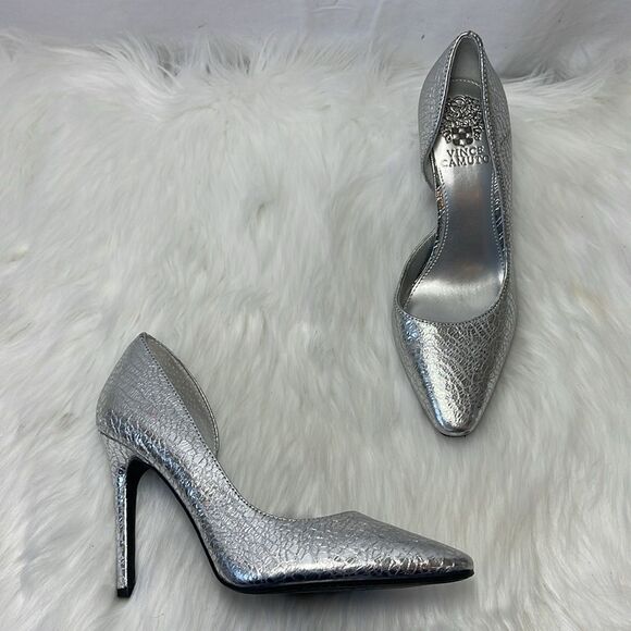 Vince Camuto Faiva Metallic Silver Textured Leather Heels Sz 7 - Picture 2 of 8